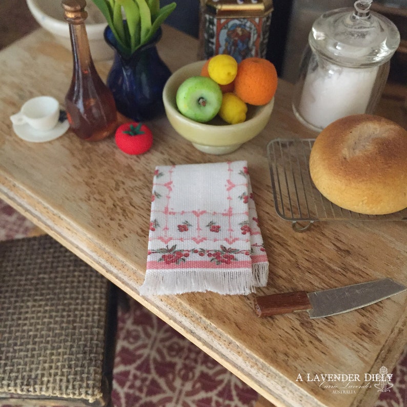 Vintage Cherry Fringed Tea Towel for Dollhouse, 1:12 scale image 1