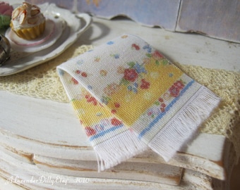 Vintage Yellow Floral Fringed Tea towel for Dollhouse, 1:12 scale