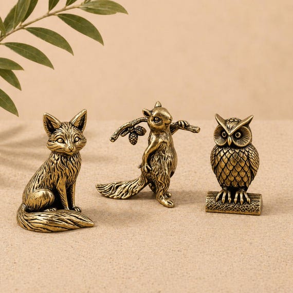 Mini Brass Animal Figurines – Fox, Owl, Squirrel Statues, Boho Desk Decor