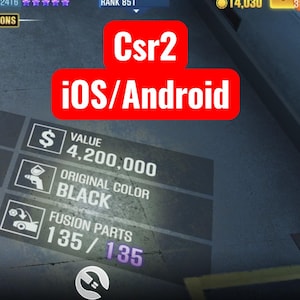Puede incluir: Una captura de pantalla del juego móvil CSR2, con una pancarta roja que muestra "Csr2 iOS/Android". La imagen muestra datos del juego, incluido un valor de 4.200.000 €, y detalles sobre las piezas de fusión.