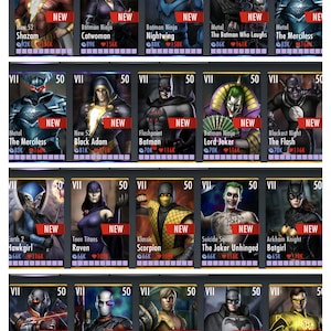 May include: A digital grid of twenty character cards from a video game, each featuring a unique hero or villain portrait, a level 50 indicator, a Roman numeral VII, and a red NEW banner. The cards display names like Shazam, Catwoman, and Joker.