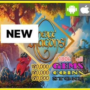 Op de afbeelding: Een digitale speladvertentie voor Merge Dragons! met een rode draak die uit een blauw en goud ei komt. De tekst bevat NEW, 180k all, 180,000 GEMS, 180,000 COINS en 180,000 STONE, met Android- en Apple-pictogrammen in de hoek.