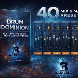 Könnte beinhalten: Bild einer Produktbox und einer digitalen Audioschnittstelle. Auf der Box steht "DRUM DOMINION" und "FL STUDIO PRO DRUM MIX & MASTER PRESETS". Die Oberfläche zeigt 40 Mix- und Master-Presets mit Bedienelementen für 808, Kicks, Snares, Hi-Hats, Claps und Percussion.