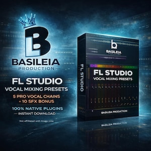 Może przedstawiać: Pudełko produktu do presetów miksowania wokalu FL Studio. Pudełko jest czarne z napisem "FL Studio Vocal Mixing Presets" w kolorze białym i zielonym. Logo Basileia Production znajduje się na górze. Tło jest ciemnoniebieskie z koroną.