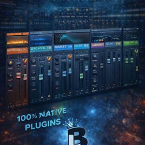Może przedstawiać: Cyfrowy interfejs do miksowania dźwięku, z wieloma panelami, suwakami i wyświetlaczami przebiegów. Tekst "PRO VOCAL MIXING TEMPLATE" i "FOR FL STUDIO" są wyświetlane u góry. Obraz zawiera również tekst "100% NATIVE PLUGINS" i logo Basileia Production.