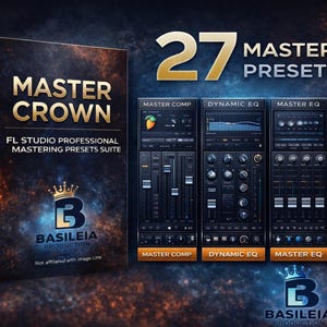 Peut inclure: Image d'une boîte de produit et d'écrans d'interface de station de travail audio numérique (DAW). La boîte indique "MASTER CROWN" et "FL STUDIO PROFESSIONAL MASTERING PRESETS SUITE". Les écrans affichent des préréglages de mastering audio. L'image comprend le texte "27 MASTERING PRESETS."