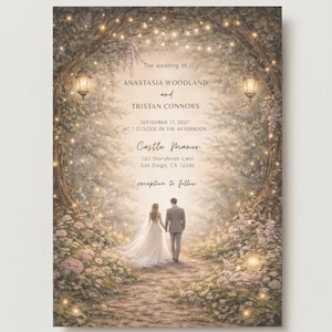 Può includere: Un invito di nozze con un'illustrazione di una coppia che cammina lungo un sentiero, circondata da fiori e luci. L'invito include i nomi Anastasia Woodland e Tristan Connors, la data, l'ora e il luogo: Castle Manor, San Diego, CA.