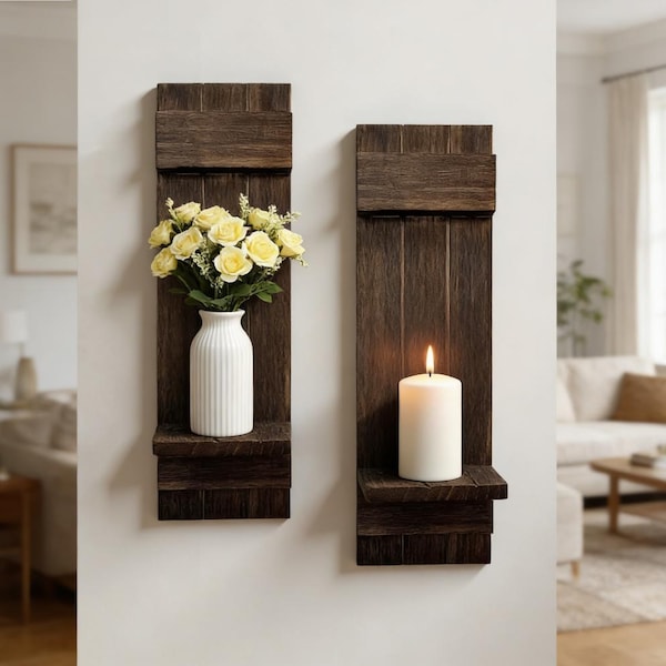 Set of 2 Handmade Black Walnut Wood Wall Sconces, Farmhouse Candle Holder Shelves