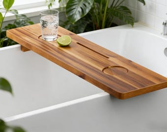 Customizable Acacia Wood Bathtub Tray Caddy with Tablet Slot & Wine Holder