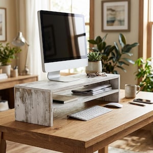 May include: A rectangular monitor stand made of distressed white-washed wood with a two-tier shelf design. The stand supports a computer monitor and provides an open storage space underneath for documents and small office items.