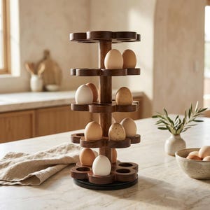 May include: A vertical wooden egg holder with a central pillar and multiple circular tiers featuring cutouts for individual eggs. The dark brown wood stand holds a variety of light brown, white, and speckled eggs in its circular slots.