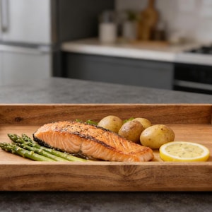 May include: A wooden serving tray holds a cooked salmon fillet, asparagus spears, small potatoes, and a lemon slice. The salmon is seasoned and appears golden brown. The tray is on a dark surface, with a kitchen in the background.