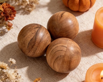 Handcrafted Acacia Wood Decorative Balls, Set of 3, Table Centerpiece Decor