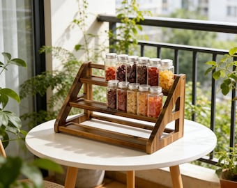 Acacia Wood 3 Tier Spice Rack Organizer Holds 24 Jars for Counter Cabinet
