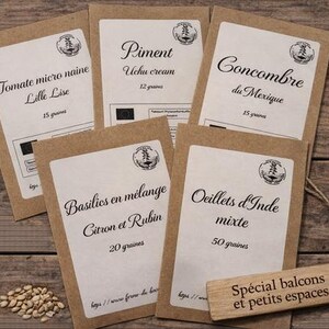 Peut inclure: Plusieurs sachets de graines avec des noms de plantes en français, comme "Tomate micro naine Lille Lise" et "Concombre du Mexique". Les sachets bruns ont des étiquettes blanches, posés sur une surface en bois.