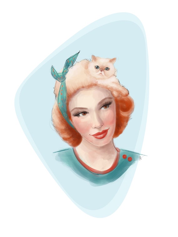 Vintage Pinup Girl Cat Lover Art Print Poster Victory Rolls Etsy