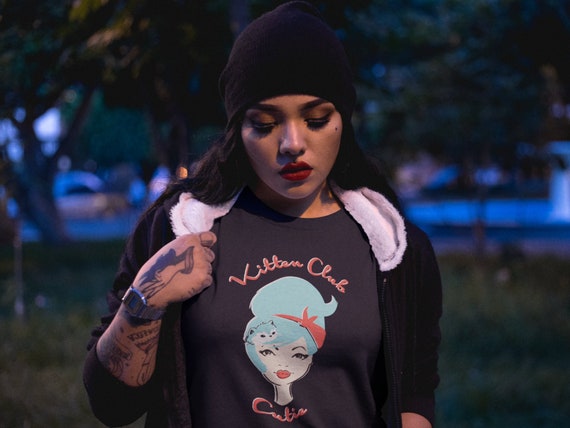 Kitty Blue Hair Pinup Girl Cat Lover T Shirt In Pink Black Etsy