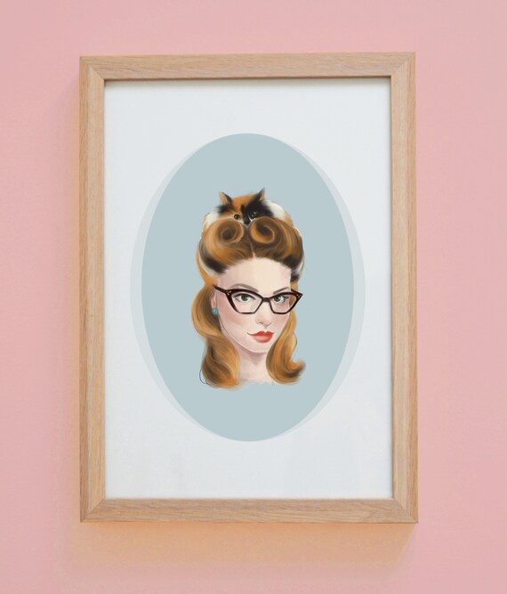 Vintage Pinup Girl Cat Lover Art Print Poster Victory Rolls Etsy