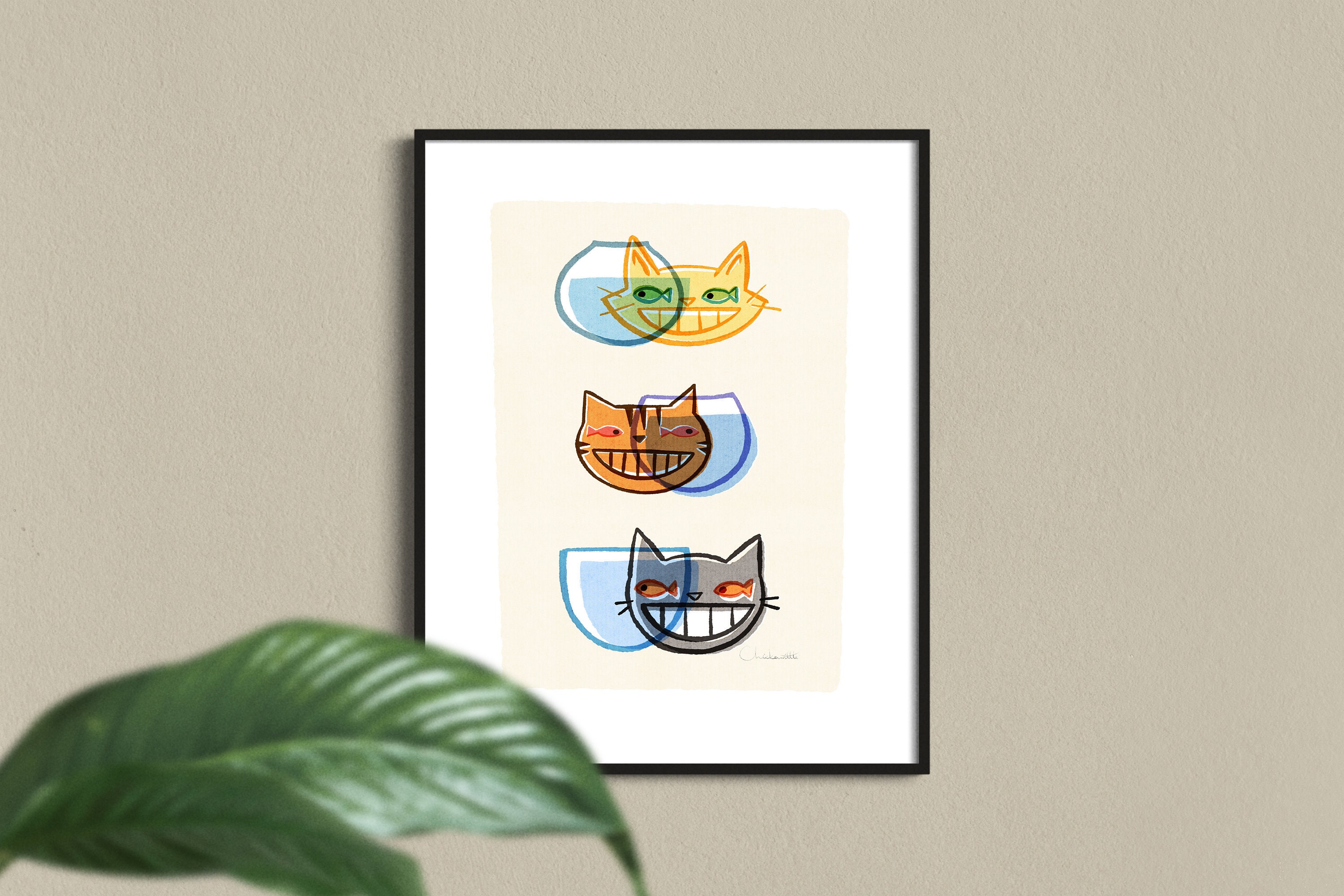 3 Feliz MCM Cats Art Print Poster. Estilo de impresión Riso Etsy
