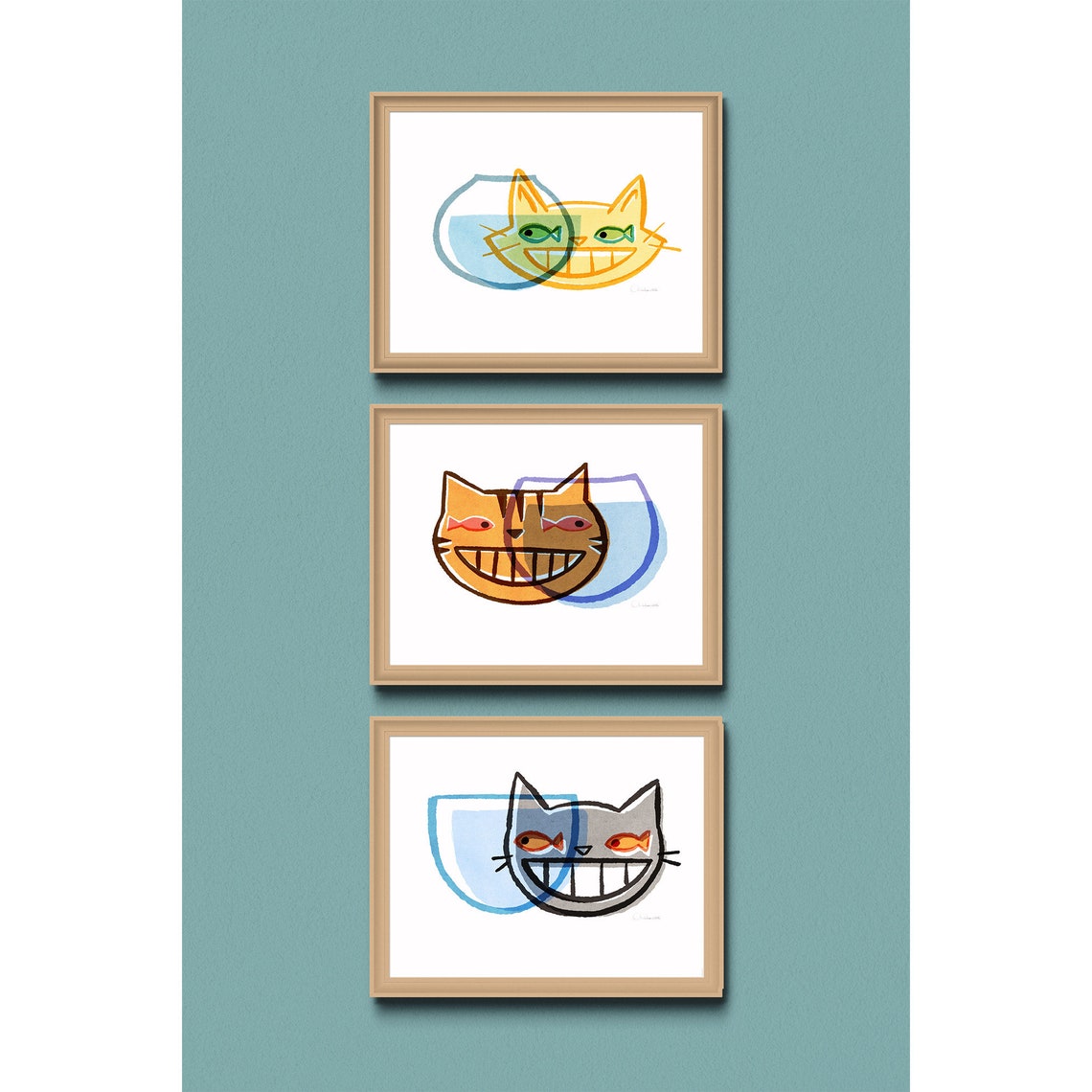 3 Happy MCM Cats Individual Art Print Poster. Mid Century Etsy