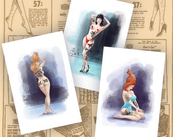 3 Pack of Postcards, Pinup Girl Art Print ,Exotic dancer, Cat lover. Burlesque Dancer, Stripper, Old School Tattoo