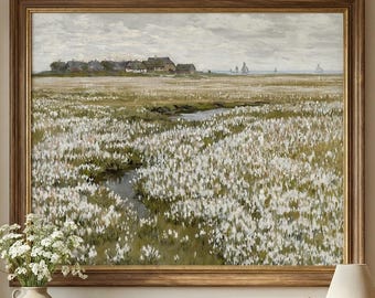 Spring Meadow Painting, Vintage Landscape Print, Country Field PRINTABLE Digital Download Grey Goose Prints