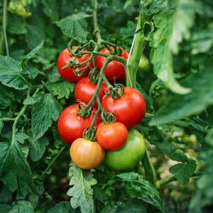 May include: A cluster of ripe red tomatoes, with a few green and orange ones, growing on a vine. The tomatoes are surrounded by lush green leaves, creating a vibrant and natural scene. The image showcases fresh, organic produce.