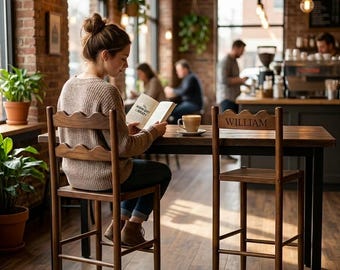 Personalized Reclaimed Wood Bar Chair, Rustic Brown Counter Stool, Engraved Name, Solid Wood Kitchen Seating, Farmhouse Style DL1011BZ