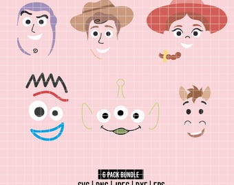 6555 - Toy Story Charaktere Gesicht Silhouette Bundle Cartoon-Modus SVG, Png, Dxf, Jpeg (Woody - Jessie - Buzz - Forky - Bullseye - Alien)