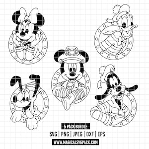 May include: Black and white line art of five Disney characters: Minnie Mouse, Mickey Mouse, Donald Duck, Pluto, and Goofy. Each character is framed in a circular design. The text "5 PACK BUNDLE" and file type icons are at the bottom.