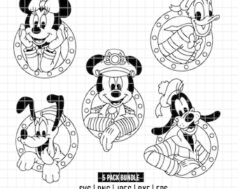 5175 - Disneyy Cruise Pack Bundle Linie Kunst SVG, Eps, Png, Dxf, Jpeg (Mickey - Minnie - Pluto - Goofy - Donald)