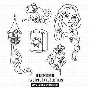 May include: A digital line art collection featuring a tower with long hair, a chameleon, a person with long braided hair, a sun lantern, and flowers. The text reads 5 PACK BUNDLE SVG | PNG | JPEG | DXF | EPS and WWW.MAGICALSVGPACK.COM.