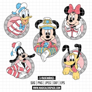 Puede incluir: Un paquete gráfico digital con cinco personajes de Disney: Pato Donald, Mickey Mouse, Minnie Mouse, Goofy y Pluto. Cada personaje está enmarcado en un diseño circular con un fondo rosa y un borde gris. Se incluye el texto "5 PACK BUNDLE" y las opciones de tipo de archivo.
