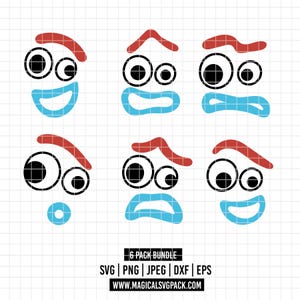 May include: A set of six cartoon face designs with red eyebrows, black and white eyes, and blue mouths. The faces display different expressions. The image includes the text "6 PACK BUNDLE" and file type options.