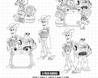 6219 - Toy Story 5 Charaktere Bundle Linie ArtSvg, Eps, Png, Dxf, Jpeg (5 Designs) Woody mit Poncho svg