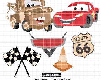 6044 - Cars Characters & Icons Pack Bundle dtf vollfarbig SVG, Eps, Png, Dxf, Jpeg (Mater - Ligthning McQueen - Icons)