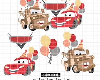 6048 - Cars Birthdays Pack Bundle dtf coloriert SVG, Eps, Png, Dxf, Jpeg (Ligthning McQueen - Ballons - Logo - Mater)