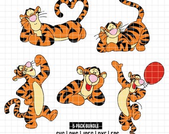 4504 - Tigger von Winnie Pooh dtf color pack bundle SVG, Eps, Png, Dxf, Jpeg (herzförmiger Schwanz - posieren - springen - feiern - lächeln)
