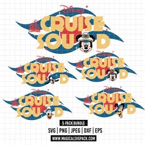 Puede incluir: Una colección de cinco diseños de Disney Cruise Squad. Cada diseño presenta el texto "CRUISE SQUAD" en amarillo, rojo y azul, con caras de personajes de Disney. La imagen incluye el texto "5 PACK BUNDLE" y opciones de tipo de archivo.