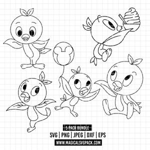 5755 - Paquete de ilustraciones lineales de Orange Bird, SVG, EPS, PNG, DXF, JPEG (poses - comida - baile - globos - sentado)