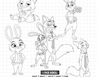 5764 - Zootopia Pack Bundle Line Art SVG, Eps, Png, Dxf, Jpeg (Nick Wilde - Judy Creolen - kleiner Nick - zusammen - zeigt das Nummernschild)