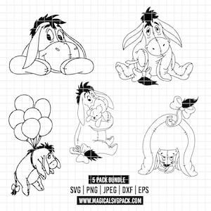 May include: A collection of five black and white Eeyore illustrations in various poses. One Eeyore is holding balloons, another is holding a teddy bear, and one is upside down. The text "5 PACK BUNDLE" and file type icons are included.