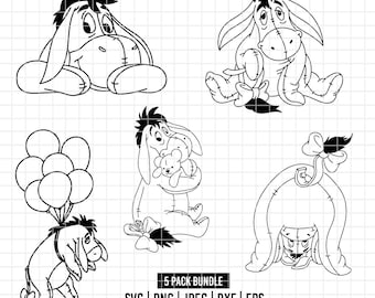 4505 - Iahah von Winnie Pooh Pack Bundle Linie Kunst SVG, Eps, Png, Dxf, Jpeg (posiert - mit seinem Schwanz - Luftballons - Teddybär - hinten)