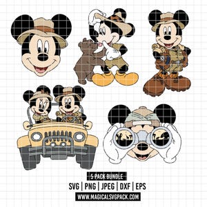 Puede incluir: Una colección de cinco imágenes de dibujos animados con Mickey Mouse con atuendo de safari. Las imágenes incluyen la cara de Mickey, Mickey con un oso, Mickey con binoculares y Mickey y Minnie en un jeep. Las imágenes son en negro, beige y marrón.