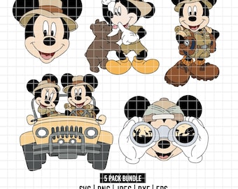 4849 - Mickeyy Safari dtf farbiges Pack Bundle SVG, Eps, Png, Dxf, Jpeg (Silhouette - Bär - posierend - mit Minnie - Gesamtansicht)
