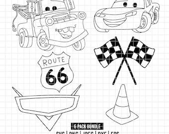 6046 - Cars Characters & Icons Line Art Pack Bundle SVG, Eps, Png, Dxf, Jpeg (Mater - Ligthning McQueen - Icons)