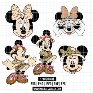 May include: A digital graphic bundle featuring Minnie Mouse in safari-themed outfits and accessories. The designs include Minnie with binoculars, safari hats, and leopard print bows. The bundle includes the text "5 PACK BUNDLE" and file type information.