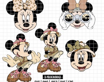 4851 - Minniee Safari erkunden dtf Voll Color Pack Bundle SVG, Eps, Png, Dxf, Jpeg (Silhouette eines Hutes - Fernglas - Entdecker Outfit)