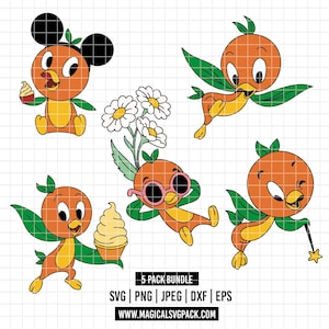 May include: A digital graphic bundle featuring five orange bird characters in various poses. One bird wears Mickey Mouse ears, another holds a cupcake, and others hold flowers, ice cream, sunglasses, and a magic wand. The text "5 PACK BUNDLE" is included.