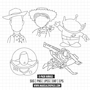 5793 - Ensemble de contours Toy Story Svg, Eps, Png, Dxf, Jpeg (Tombée avec style - Woody - Jesse - Alien - Buzz)